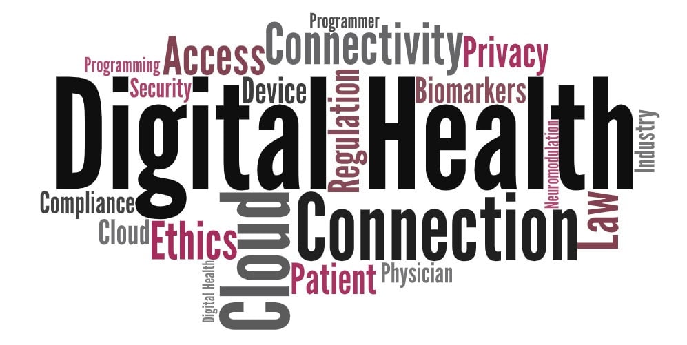 Word cloud with large words Digital Health, Health, and Connection, surrounded by words like Privacy, Ethics, Cloud, Patient, Law, Access, Biomarkers, Programmer, Regulation, Security, and Compliance.
