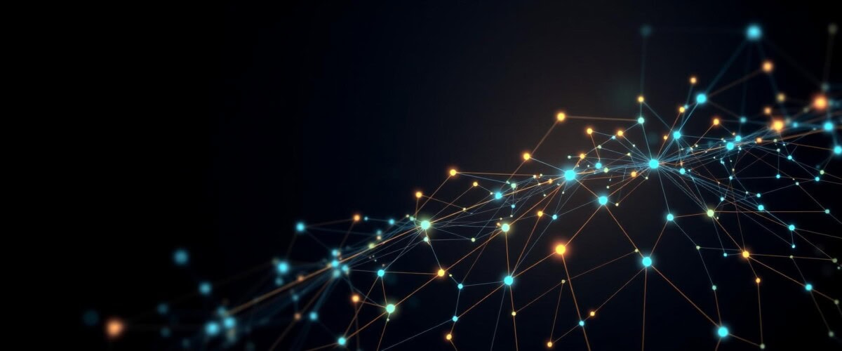 Abstract image of interconnected glowing dots and lines forming a network on a dark background, symbolizing digital connections, communication, or technology concepts.