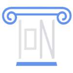A stylized blue and gray Ionic column with the letters IoN incorporated into its design on a light background.