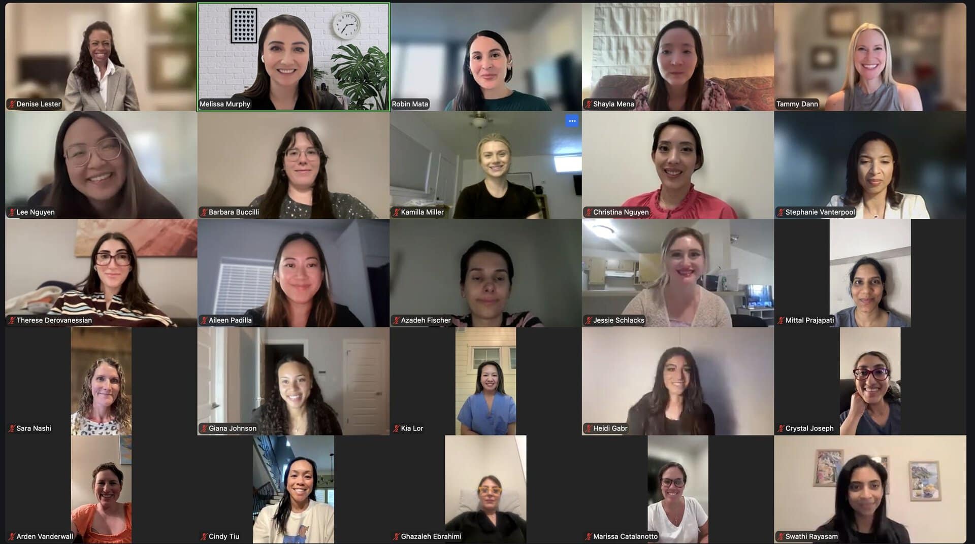 A Zoom meeting screenshot shows 25 women smiling at their webcams, each in their individual video box. Most are in home or office settings with neutral backgrounds.